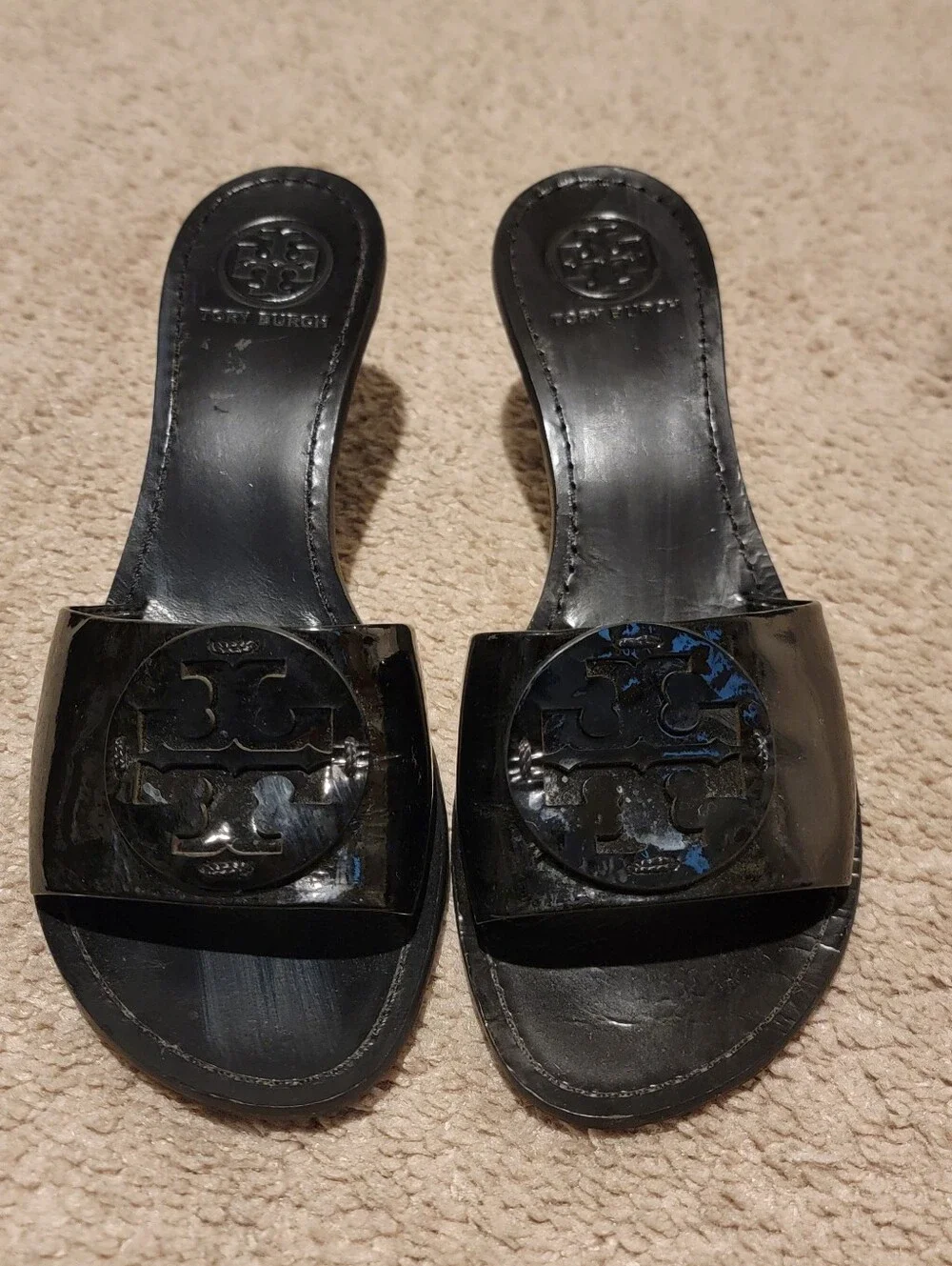 Tory Burch Aerin Black Patent Leather Heels Slides Mules Size 8